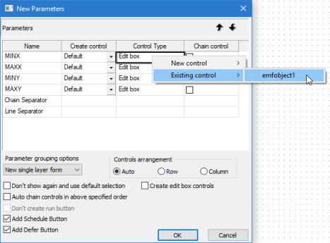 パラメータを既存コントロールとして作成する [新規パラメータ] ダイアログボックス