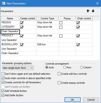 New Parameters dialog box with Chain and Line separators