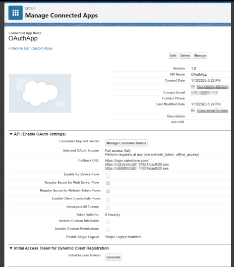 Manage Connected Apps SETUP screen is diaplayed.