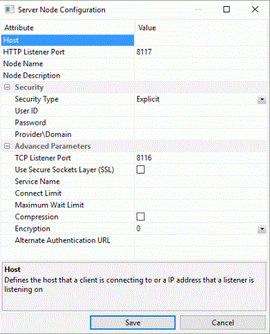 Server Node Configuration dialog