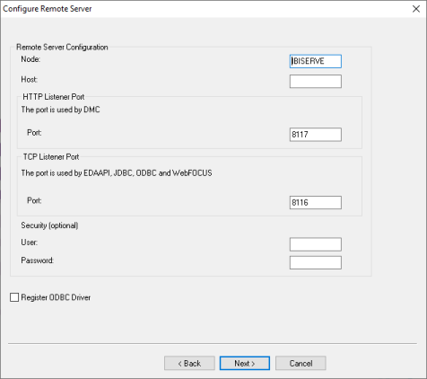 The Configure Basic Server Information page of the Data Migrator Installation Wizard showing the Server Administrator ID and Password fields and the HTTP Listener Port field.