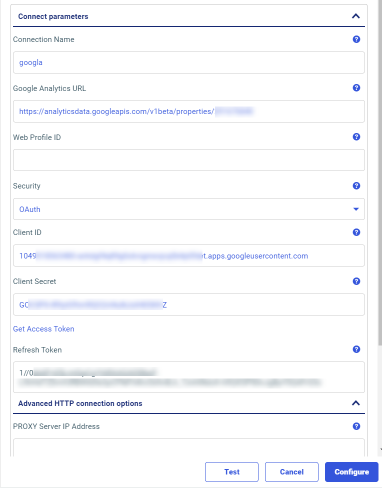 The configuration parameters for the Adapter for Google Analytics.
