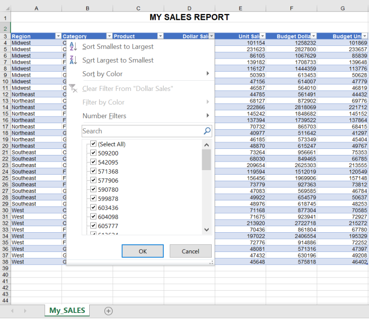 Excel Table Filtering