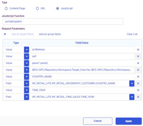 JavaScript drilldown function name and parameters