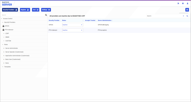The Access Control tab showing the Security Providers pane.