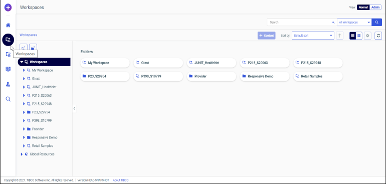 The Workspaces Area that opens from the Navigation Bar.