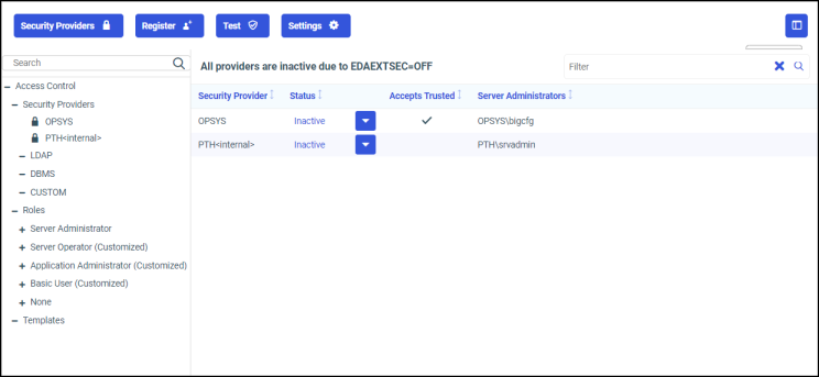 The Access Control tab showing the Security Providers pane.