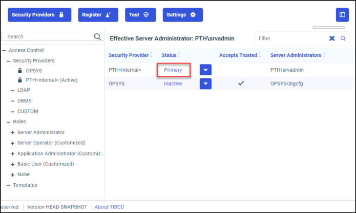 The Security providers tab showing PTH<Internal> as the new primary provider and OPSYS as an inactive provider.