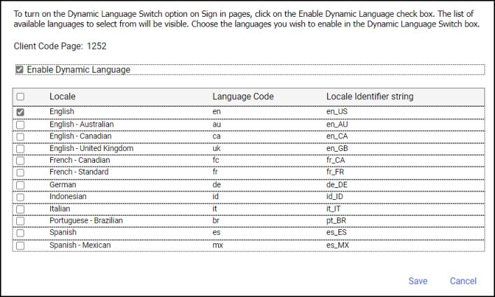 The Enable Dynamic Language checkbox and table of Locales