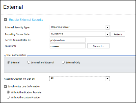 The External Security page configured for LDAP authentication.