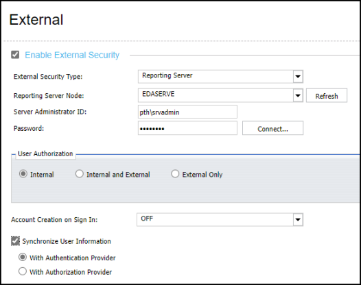 External security settings with the syncronize user authentication selected