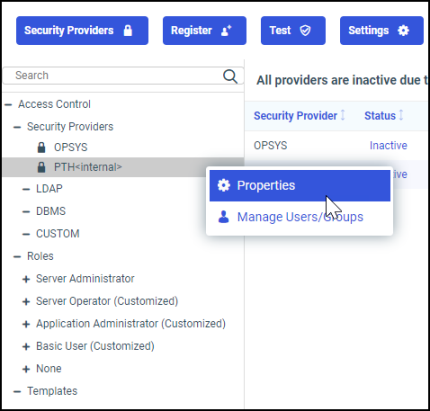 The Access Control folders with the PTH Internal active folder shortcut menu and the Properties command.