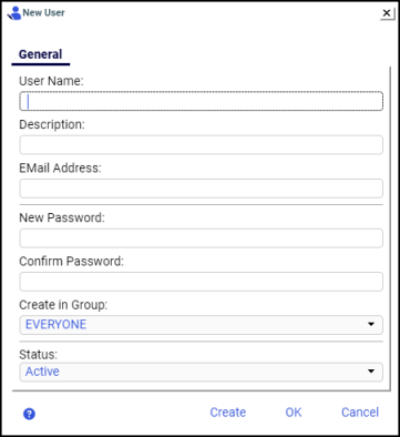 New User dialog box