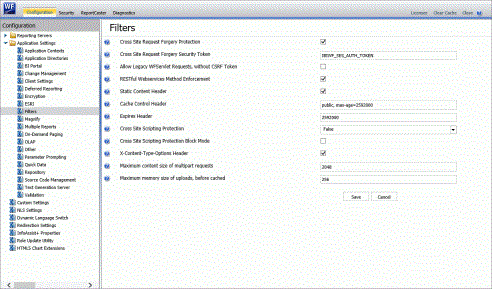 The Filters pane, showing that the Cross Site Request Forgery Protection check box is selected, by default and the default value assigned to the Cross Site Request Forgery Security Token setting.