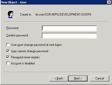 New Object - User dialog box password confirmation
