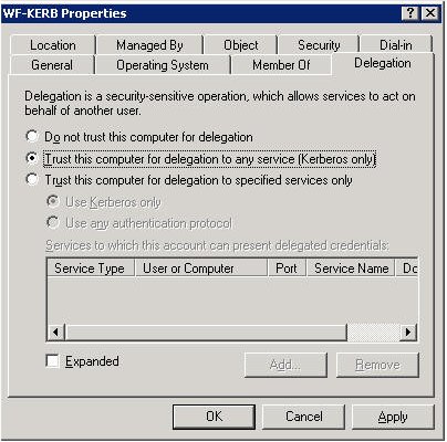 WebFOCUS location dialog box - Trust this computer for delegation to any service