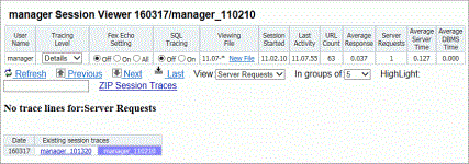 The Session Viewer page opened from the Session Monitor page View Trace icon link..