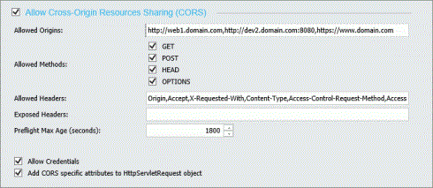 The Allow Cross-Origin Resource Sharing (CORS) section of the Cross-Origin Settings dialog box with CORS settings activated.