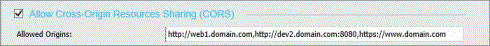 The Allow Cross Origin Resource Sharing (CORS) check-box in the Cross-Origin Settings dialog box with a whitelist of URLs in the Allowed Origins field.