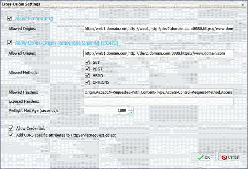 The Cross-Origin Settings dialog box with the default settings for all fields and check boxes.