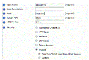 The Client Configuration page with localhost in the Host field and Trusted Pass WebFOCUS User ID and their Groups option selected.