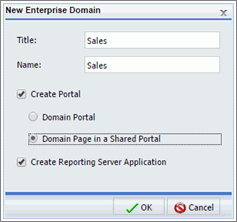 The New Enterprise Domain/Workspace dialog box with Sales as the Title and Name and with the Create Portal, Domain page in a Shared Portal, and Create WebFOCUS Reporting Server/Server Applications options selected.