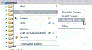 The New Domains/Workspaces shortcut menu with the custom template domain/workspace command.