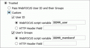 The Custom Option on the Client Configuration page, and the configuration of checkboxes and settings beneath it. This option includes the USER ID checkbox with the default WebFOCUS script variable assignment, IBIMR_user, and the User’s Groups checkbox, with the default WebFOCUS script variable assignment, IBIMR_memberof.