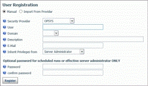 The User Registration page displaying the provider, user name, password, and other values.