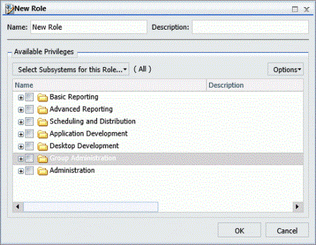 New Role dialog box with privilege categories collapsed