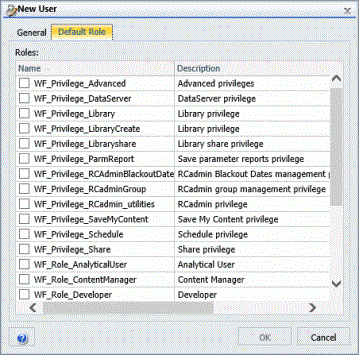 New User dialog box with Default Role tab enabled
