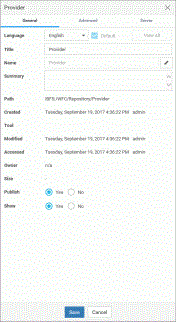 The General tab on the Properties Panel that displays the I. B. F, S. path field and I.B.F.S location of the item.