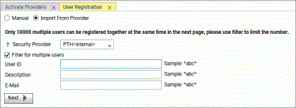 The User Registration page, displaying the Provider, the User ID, and the Password