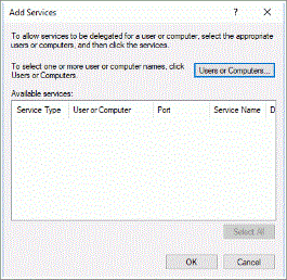 The Add Services dialog box for Kerberos delegation in Active Directory.