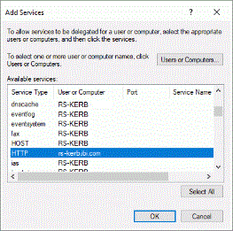 The Add Services dialog box showing HTTP selected from a list of available services.