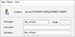 The First Name and Full Name of the New Object-User dialog box containing the hostname of the machine on which WebFOCUS is installed.