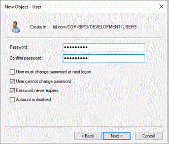 The create user password page of the New Object - User wizard.