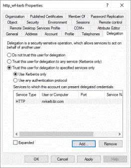 The properties dialog box with constrained delegation configured and the service account on the WebFOCUS Reporting Server/Server delegated.