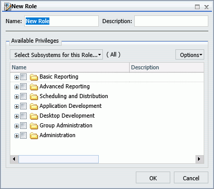 New Role dialog box with privilege categories collapsed