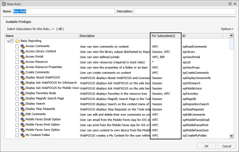 New Role dialog box highlighting the For Subsystems column.