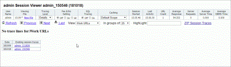 The Session Viewer page opened from the Session Monitor page View Trace icon link.