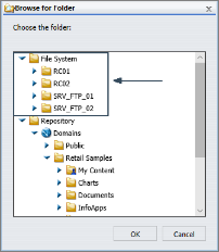 The Browse for Folder dialog box showing a list of distribution directory folders under the File System folder.
