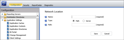 The Network Location Page for a new distribution directory node showing the Name, Type, and Path fields.