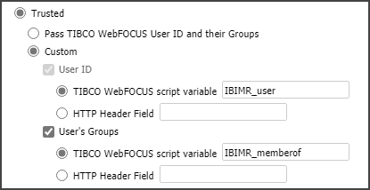 The Custom Option on the Client Configuration page, and the configuration of checkboxes and settings beneath it. This option includes the USER ID checkbox with the default WebFOCUS script variable assignment, IBIMR_user, and the User’s Groups checkbox, with the default WebFOCUS script variable assignment, IBIMR_memberof.