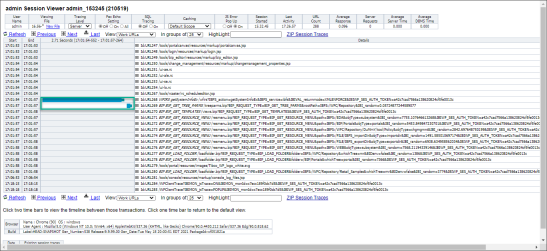 The session details page highlighting the time line between two selected trace entries.