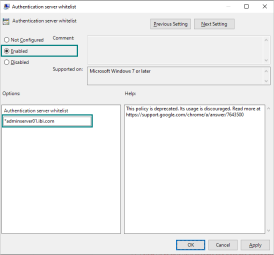 The Authentication Server Whitelist Setting dialog box with Enabled selected, and the names of all servers on the white list added.