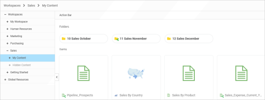 Shared folders and resources displayed in the content area of a My Content folder.