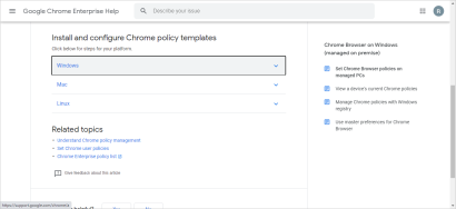 The Install and configure Chrome policy templates section heading, on the Set Chrome Browser policies on managed PCs Google Chrome Enterprise Help page.