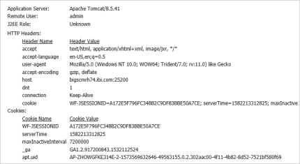 The Http Request Info page displaying the current values assigned to fields in the HTTP Header.