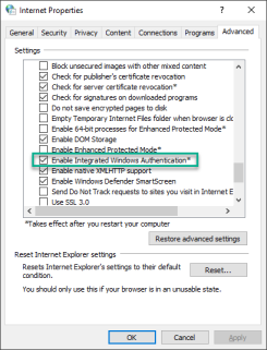The Internet Properties dialog box, showing the advanced tab with the Enable Integrated Windows Authentication setting check box selected.